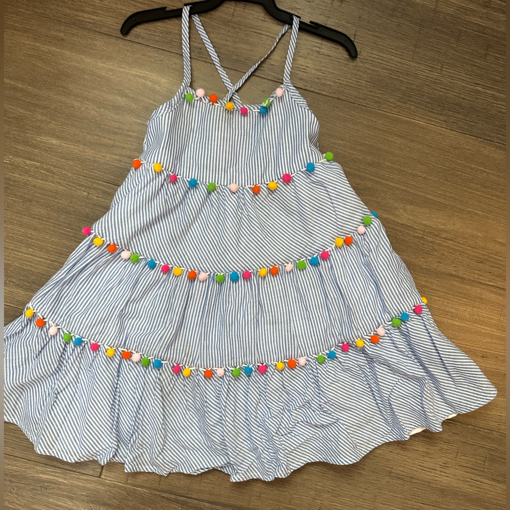 Tommy Bahama Blue and White Striped Dress with Pom Accent 4t